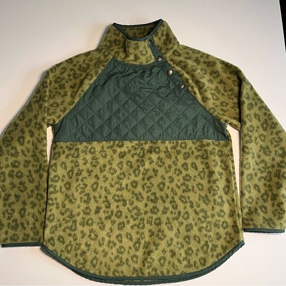 J. Crew Quilted Loden Green Cheetah Print Mock Neck Fleece Pullover Size Small - Picture 3 of 13